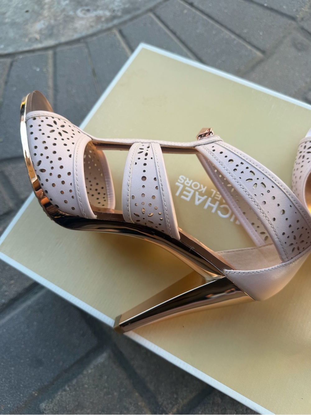 Michael Kors Blush Pink Perforated T-Strap Heels with Rose Gold Heel - Picture 6 of 10